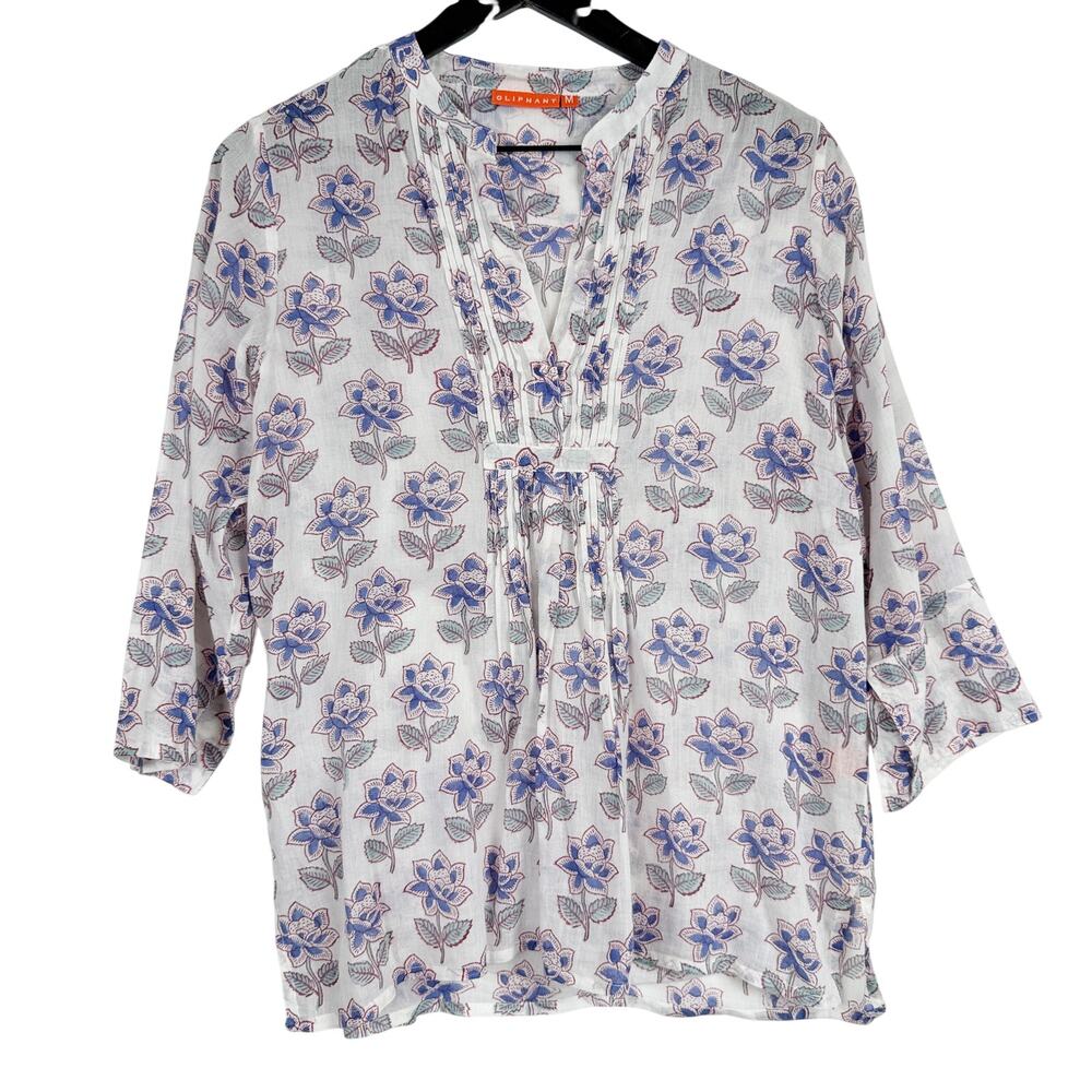 Oliphant V-Neck Cotton Tunic Blouse White Blue Flowers - M